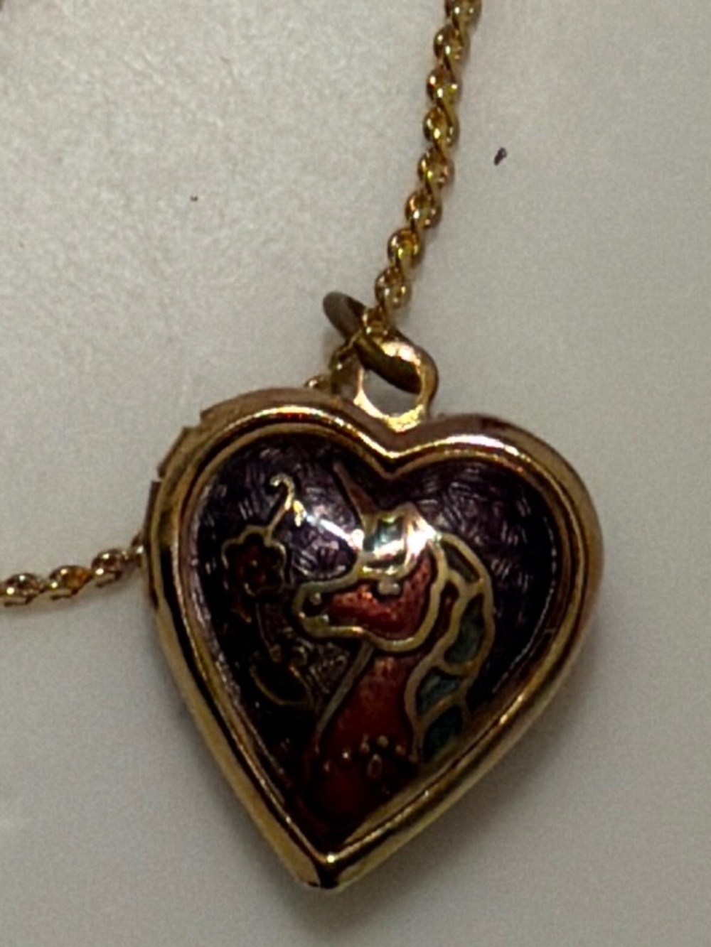 Rare Vintage 1980s Cloisonné Enamel Unicorn Heart Locket Necklace